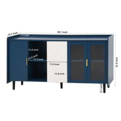 Buffet de Cuisine Moderne avec 2 Tiroirs, 2 Étagères ouvertes et 2 Portes Vitrées, Meuble de Rangement en MDF, 150x40x80 cm, Bleu