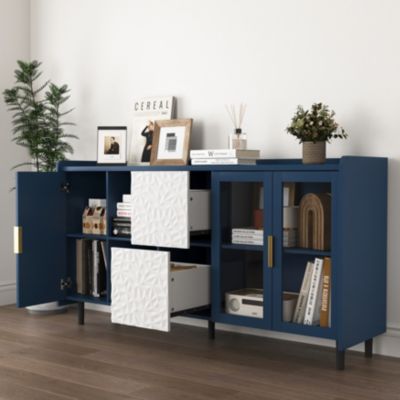Buffet de Cuisine Moderne avec 2 Tiroirs, 2 Étagères ouvertes et 2 Portes Vitrées, Meuble de Rangement en MDF, 150x40x80 cm, Bleu