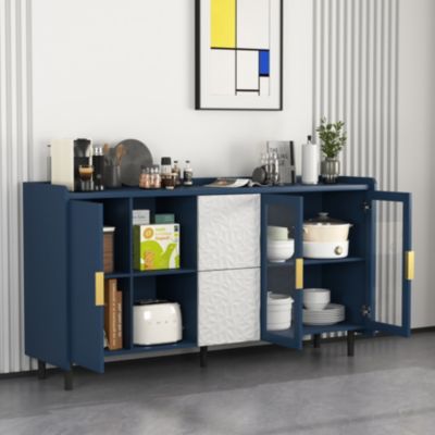 Buffet de Cuisine Moderne avec 2 Tiroirs, 2 Étagères ouvertes et 2 Portes Vitrées, Meuble de Rangement en MDF, 150x40x80 cm, Bleu