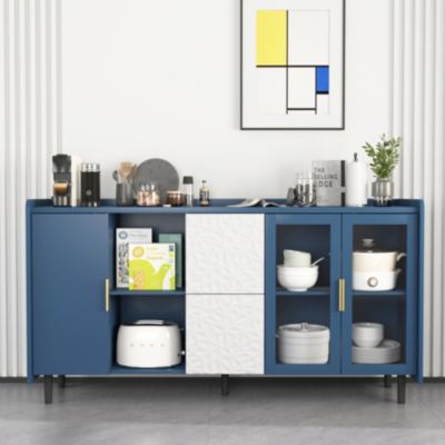 Buffet de Cuisine Moderne avec 2 Tiroirs, 2 Étagères ouvertes et 2 Portes Vitrées, Meuble de Rangement en MDF, 150x40x80 cm, Bleu