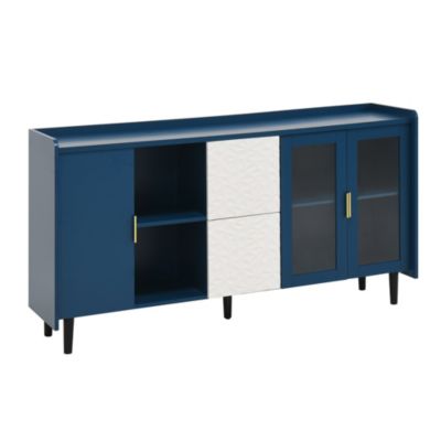 Buffet de Cuisine Moderne avec 2 Tiroirs, 2 Étagères ouvertes et 2 Portes Vitrées, Meuble de Rangement en MDF, 150x40x80 cm, Bleu
