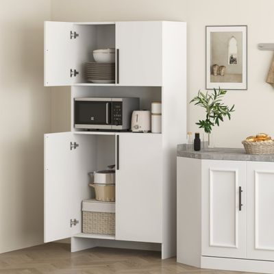 Buffet de Cuisine Moderne avec Rangement et Support Micro-Ondes - Meuble de Cuisine Blanc
