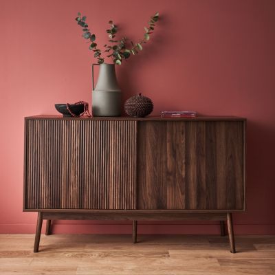 Buffet de rangement décor bois bois foncé. Linear. deux portes. deux étagères. buffet haut. vaisselier.  L 150 x P 39.5 x H 90cm