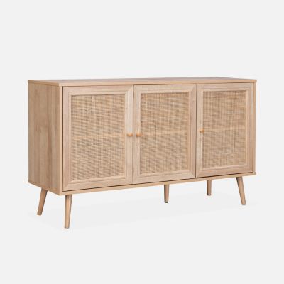 Buffet de rangement en cannage 120x39x70cm  - Bohème - 2 niveaux. 3 portes. pieds scandinaves. buffet bas