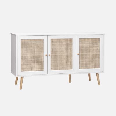 Buffet de rangement en cannage. blanc 120x39x70cm  - Bohème - 2 niveaux. 3 portes. pieds scandinaves. buffet bas