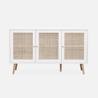 Buffet de rangement en cannage. blanc 120x39x70cm  - Bohème - 2 niveaux. 3 portes. pieds scandinaves. buffet bas