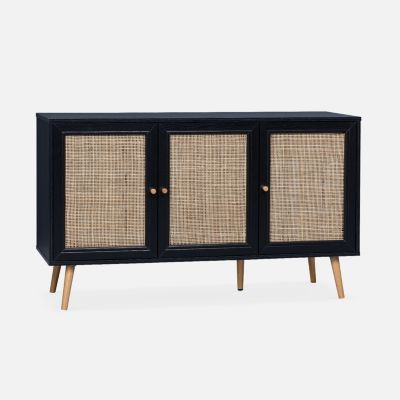 Buffet de rangement en cannage. noir 120x39x70cm  - Bohème - 2 niveaux. 3 portes. pieds scandinaves. buffet bas