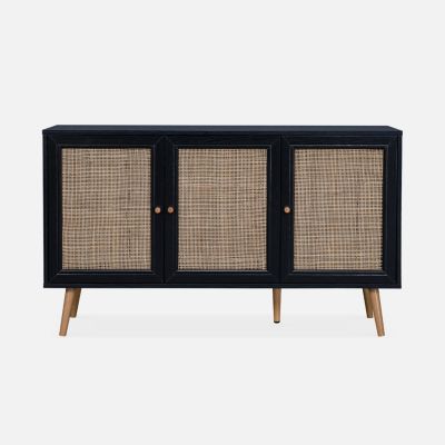 Buffet de rangement en cannage. noir 120x39x70cm  - Bohème - 2 niveaux. 3 portes. pieds scandinaves. buffet bas