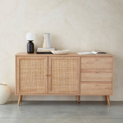Buffet de rangement naturel en cannage 2 portes 3 tiroirs. buffet bas ...