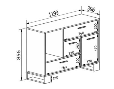 Buffet de salle à manger Loft 1 porte, 3 tiroirs, 120x40x86cm, couleur Chêne rustique