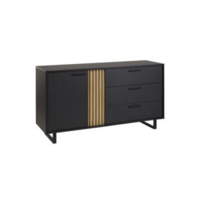 Buffet design 165 cm avec porte et 3 tiroirs pour salon, couleur noir et chêne, collection LOFT, pieds en métal