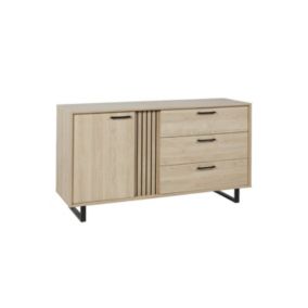 Buffet design 165cm avec 1 porte et 3 tiroirs pour salon couleur chêne clair collection LOFT pieds en métal.