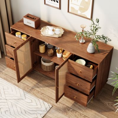 Buffet design Rotin et Bois, 6 Tiroirs et 2 Portes en Rotin - Meuble de Rangement pour Cuisine ou Salon - MDF Brun 160x40x90 cm