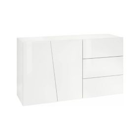 Buffet Dficagn, Buffet de cuisine avec 2 portes et 3 tiroirs, Buffet de salon, 100% Made in Italy, 141x43h86 cm, Blanc brillant