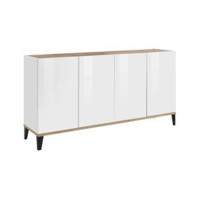 Buffet Dgarzo, Buffet de cuisine avec 4 portes, Buffet de salon, 100% Made in Italy, 160x40h82 cm, Blanc brillant et Erable