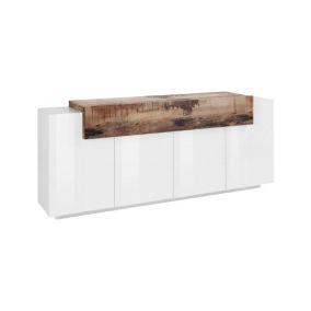 Buffet Dgerl, Buffet de cuisine avec 4 portes, Buffet de salon, 100% Made in Italy, 200x45h86 cm, Blanc brillant et érable