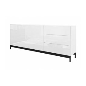 Buffet Dghiand, Buffet de cuisine avec 2 portes et 3 tiroirs, Buffet de salon, 100% Made in Italy, 170x40h47 cm, Blanc brillant