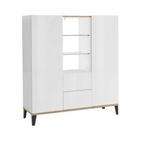 Buffet Dla, Buffet de cuisine avec 2 portes et 2 tiroirs, Buffet de salon, 120x40h133 cm, Blanc brillant et Erable