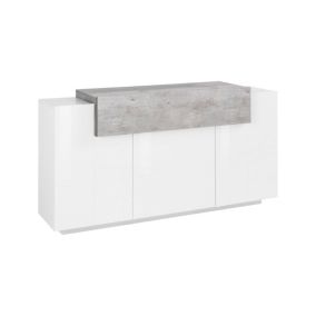 Buffet Dmem, Buffet de cuisine 3 portes, Buffet de salon, 100% Made in Italy, 160x45h86 cm, Blanc brillant et béton