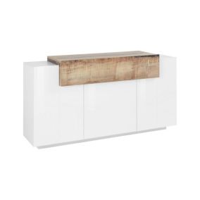 Buffet Dmem, Buffet de cuisine 3 portes, Buffet de salon, 100% Made in Italy, 160x45h86 cm, Blanc brillant et érable