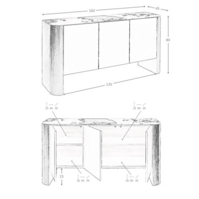 Buffet en bois argenté, noyer et plateau en marbre de porcelaine