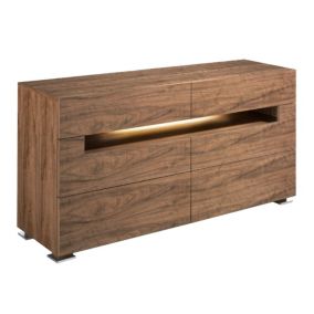 Buffet en Noyer Naturel et Acier Poli avec Éclairage Intérieur pour un Style Moderne