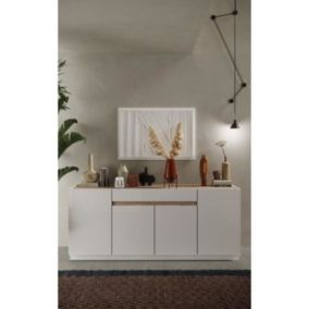 Buffet FIRENZE - Blanc Laqué et chêne Cadiz - 4 portes 1 tiroir - 205 x 40 x 87 cm