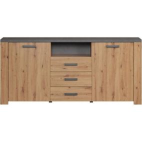 Buffet FOLLOW - Mélamine chêne artisan et gris ardoise - 2 Portes + 3 Tiroirs - 180 x 40 x 83 cm