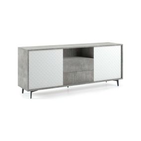 Buffet Garofano, Buffet avec 2 portes et 2 tiroirs, Buffet de salon élégant, Meuble TV, 184x45h77 cm, Blanc et Ciment