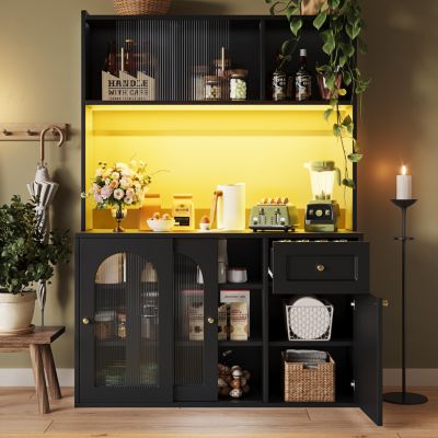 Buffet haut 120 cm noir en MDF avec LED et portes vitrées coulissantes