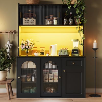 Buffet haut 120 cm noir en MDF avec LED et portes vitrées coulissantes