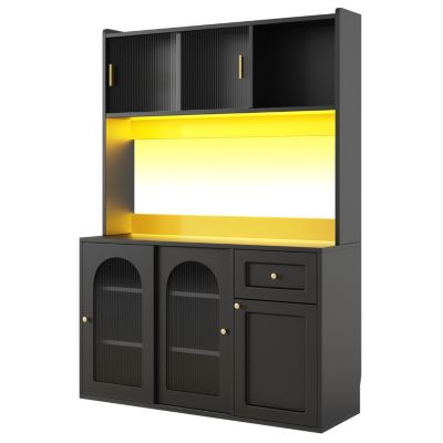 Buffet haut 120 cm noir en MDF avec LED et portes vitrées coulissantes
