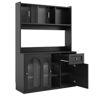 Buffet haut 120 cm noir en MDF avec LED et portes vitrées coulissantes