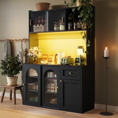 Buffet haut 120 cm noir en MDF avec LED et portes vitrées coulissantes