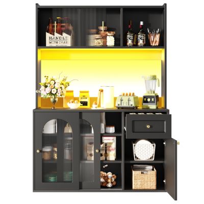 Buffet haut 120 cm noir en MDF avec LED et portes vitrées coulissantes