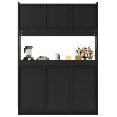 Buffet haut 120 cm noir en MDF avec LED et portes vitrées coulissantes