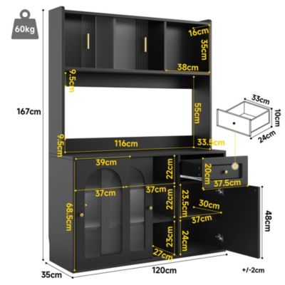 Buffet haut 120 cm noir en MDF avec LED et portes vitrées coulissantes
