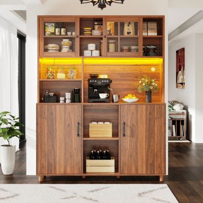 Buffet haut 140 cm en MDF effet noyer avec portes coulissantes en verre et LED