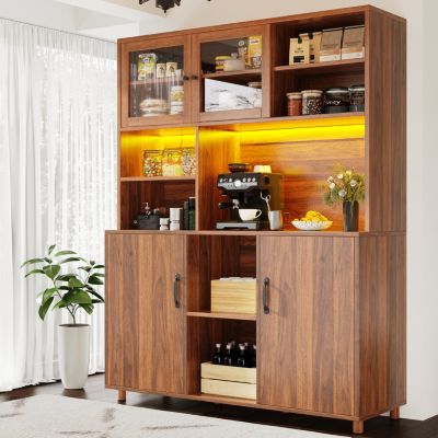 Buffet haut 140 cm en MDF effet noyer avec portes coulissantes en verre et LED