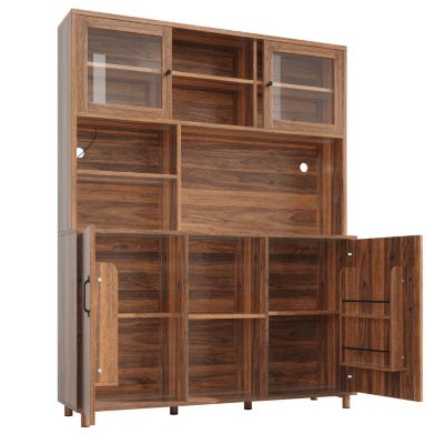 Buffet haut 140 cm en MDF effet noyer avec portes coulissantes en verre et LED