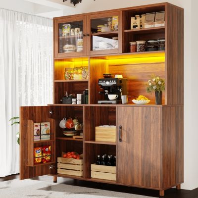 Buffet haut 140 cm en MDF effet noyer avec portes coulissantes en verre et LED