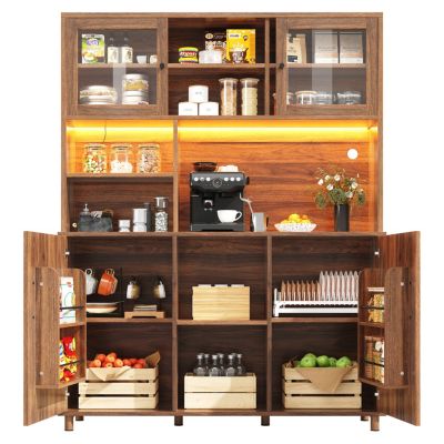 Buffet haut 140 cm en MDF effet noyer avec portes coulissantes en verre et LED