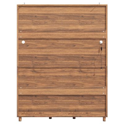 Buffet haut 140 cm en MDF effet noyer avec portes coulissantes en verre et LED