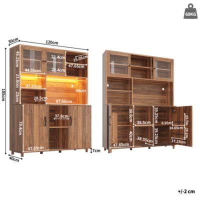 Buffet haut 140 cm en MDF effet noyer avec portes coulissantes en verre et LED
