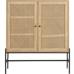 Buffet haut 2 portes en cannage naturel et effet chêne 100 cm - Iris