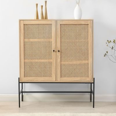 Buffet haut 2 portes en cannage naturel et effet chêne 100 cm - Iris