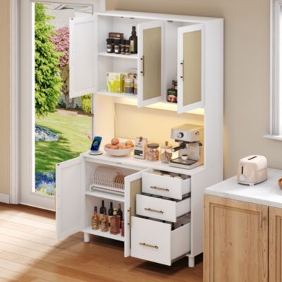Buffet Haut avec Éclairage LED Bluetooth, 2 Ports USB, 2 Prises et 3 Tiroirs de Rangement - Naturel