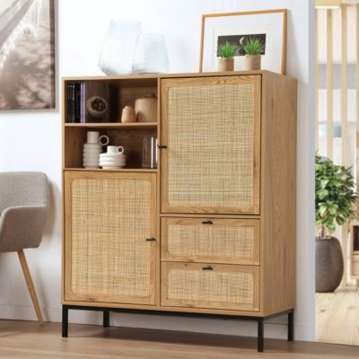 Buffet Haut avec Façades en Rotin Naturel - L100 x H120 cm - JAYA