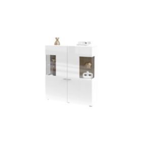 Buffet haut collection KOBEE 2 portes vitrées avec LED intégrée. Couleur blanc et chêne.