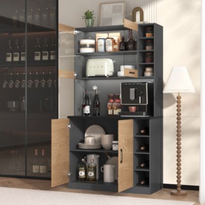 Buffet Haut de Cuisine avec Éclairage LED et Rangements, Meuble Indépendant en Bois, 100x47x187 cm